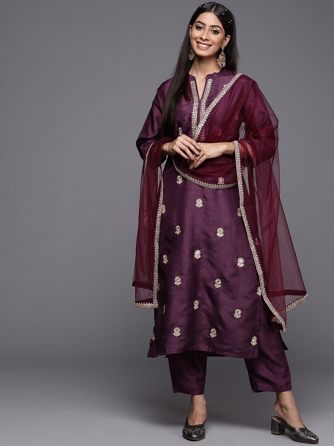 

Indo Era Women Purple Floral Embroidered Kurta with Trousers & With Dupatta