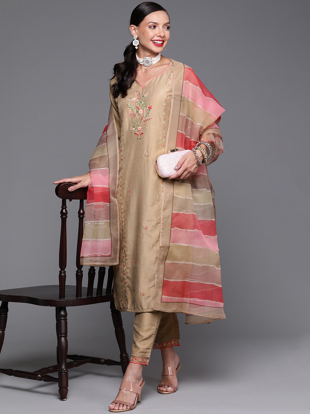 

Indo Era Women Beige Embroidered Kurta with Trousers & Dupatta
