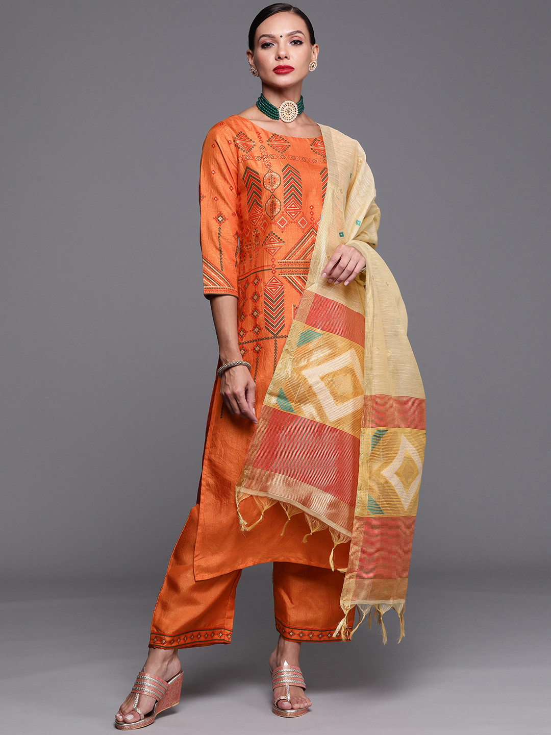 

Indo Era Women Orange Ethnic Motifs Print Kurta with Palazzos & Dupatta