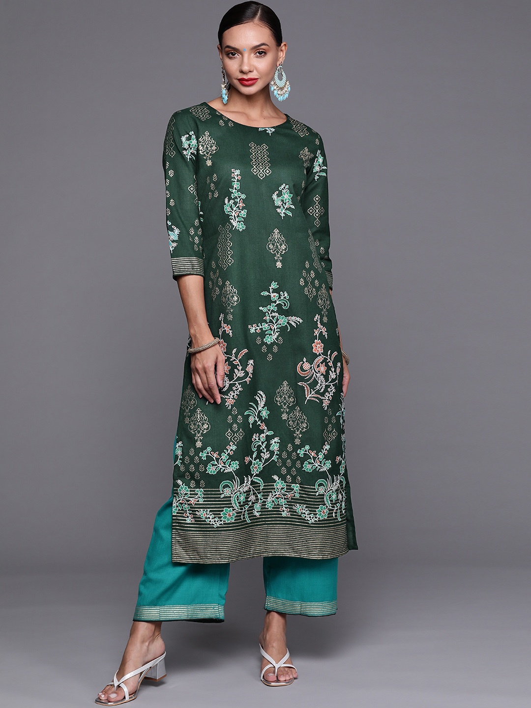 

Indo Era Women Green Ethnic Motifs Printed Kurta with Palazzos