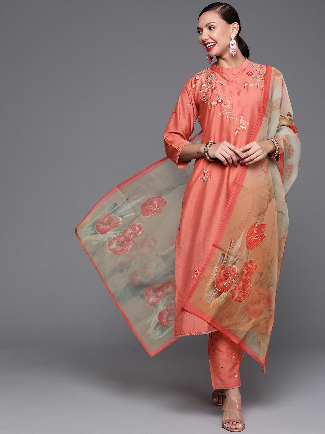 

Indo Era Women Coral Floral Embroidered Raw Silk Kurta with Trousers & Dupatta