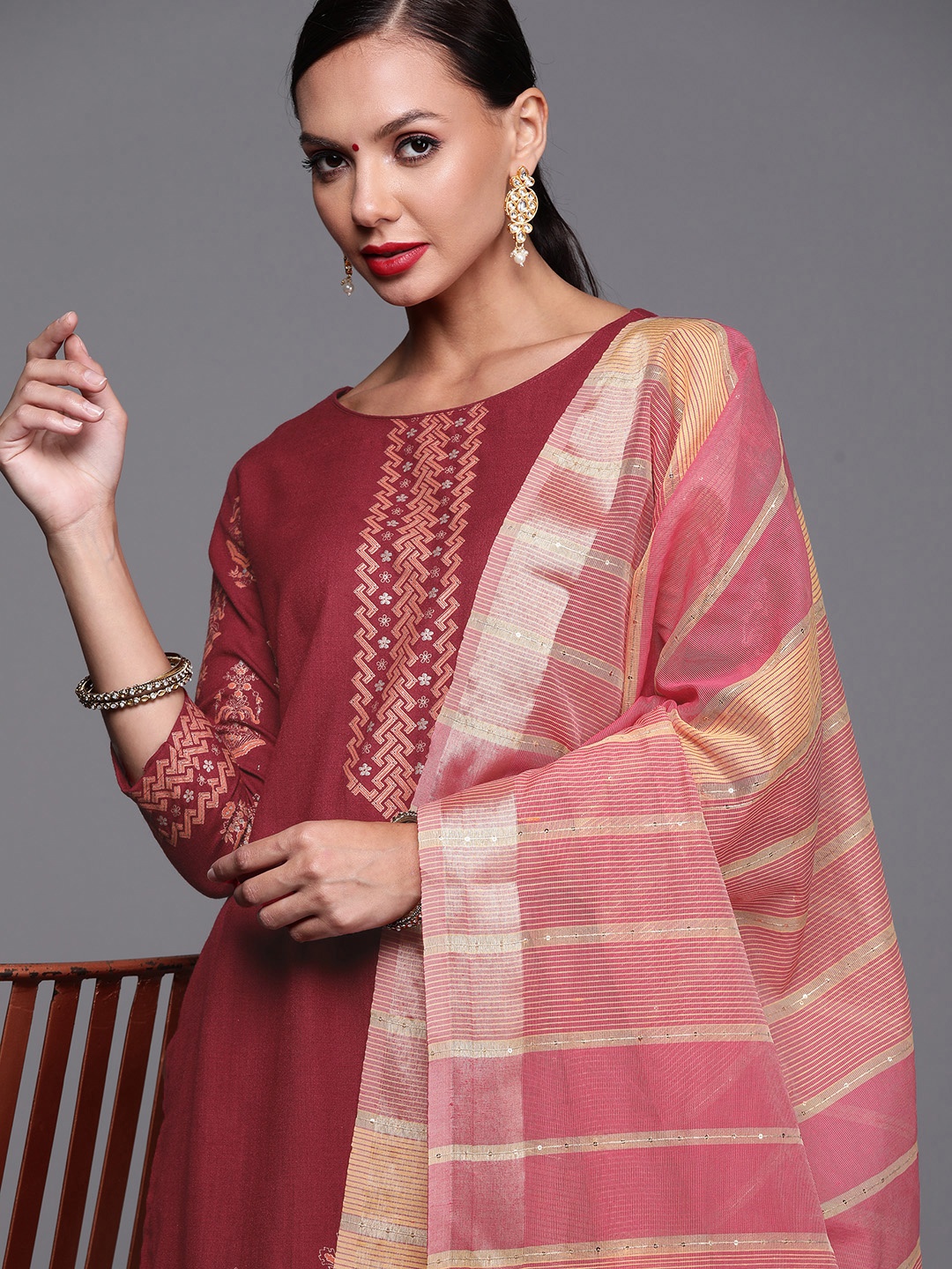 

Indo Era Women Maroon Ethnic Motifs Printed Kurta with Palazzos & With Dupatta