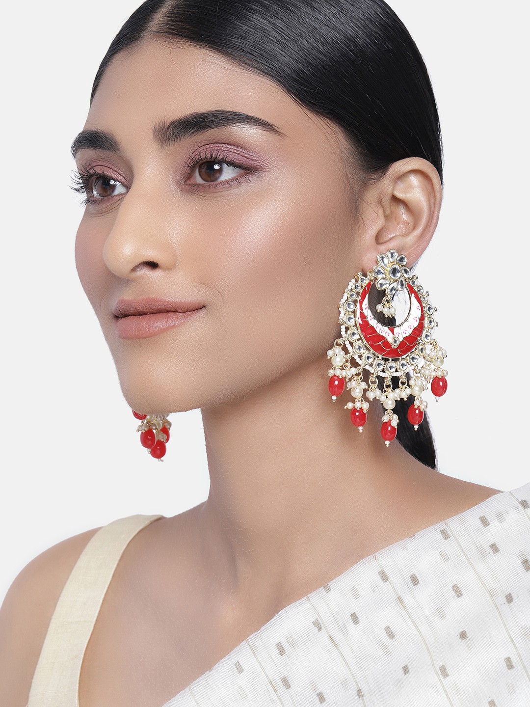 

Peora Women Red & White Gold-Plated Crescent Shaped Chandbalis Earrings