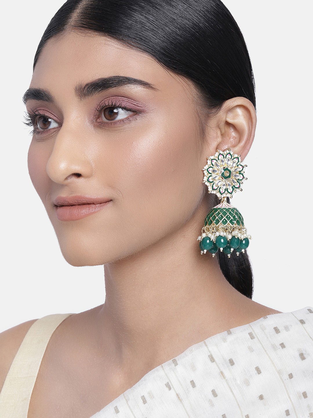 

Peora Women Green & White Gold-Plated Dome Shaped Jhumkas Earrings