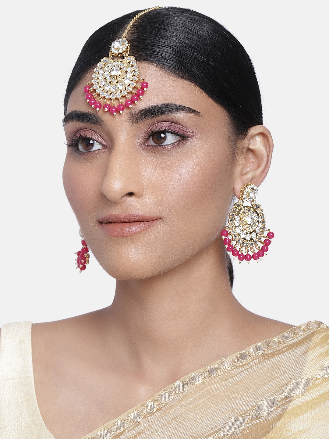 

Peora Gold Plated & Magenta Earring & Maang Tikka Jewellery Set