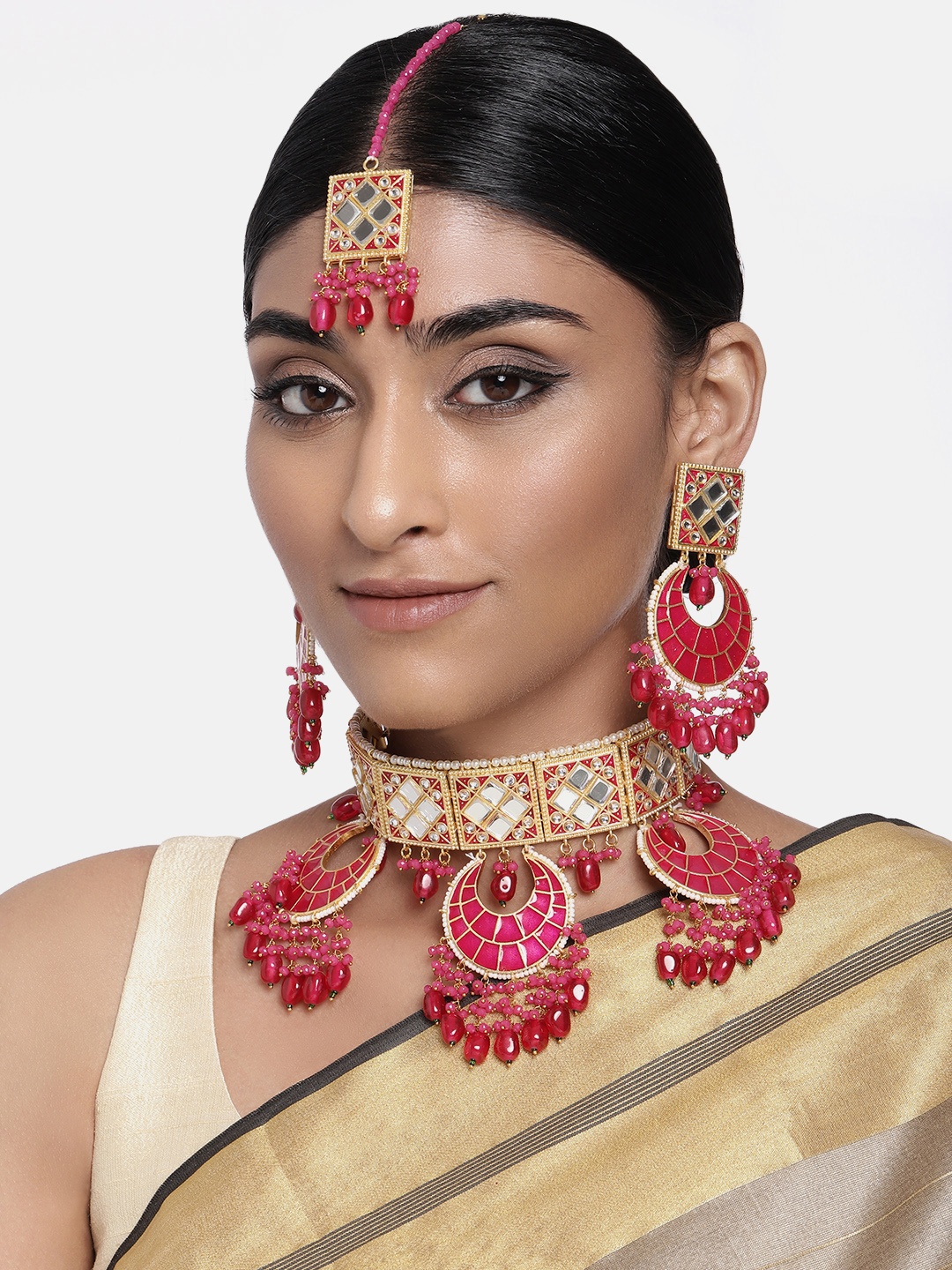 

Peora Women Pink Gold-Plated Handcrafted Enamel Meenakri Jewellery Set