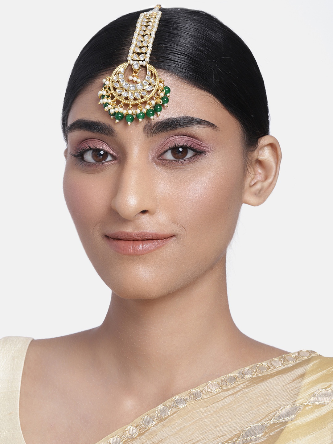 

Peora Gold-Plated & White Kundan-Studded Beaded Maang Tika