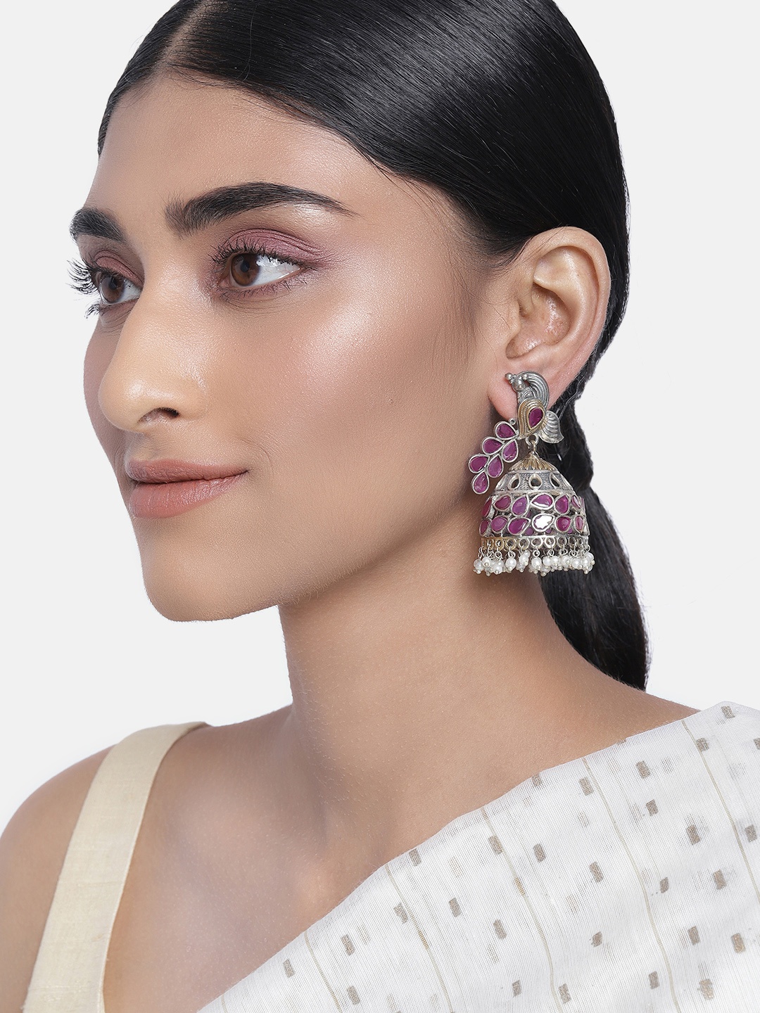 

Peora Women Magenta & Silver-Toned Dome Shaped Oxidised Jhumkas Earrings