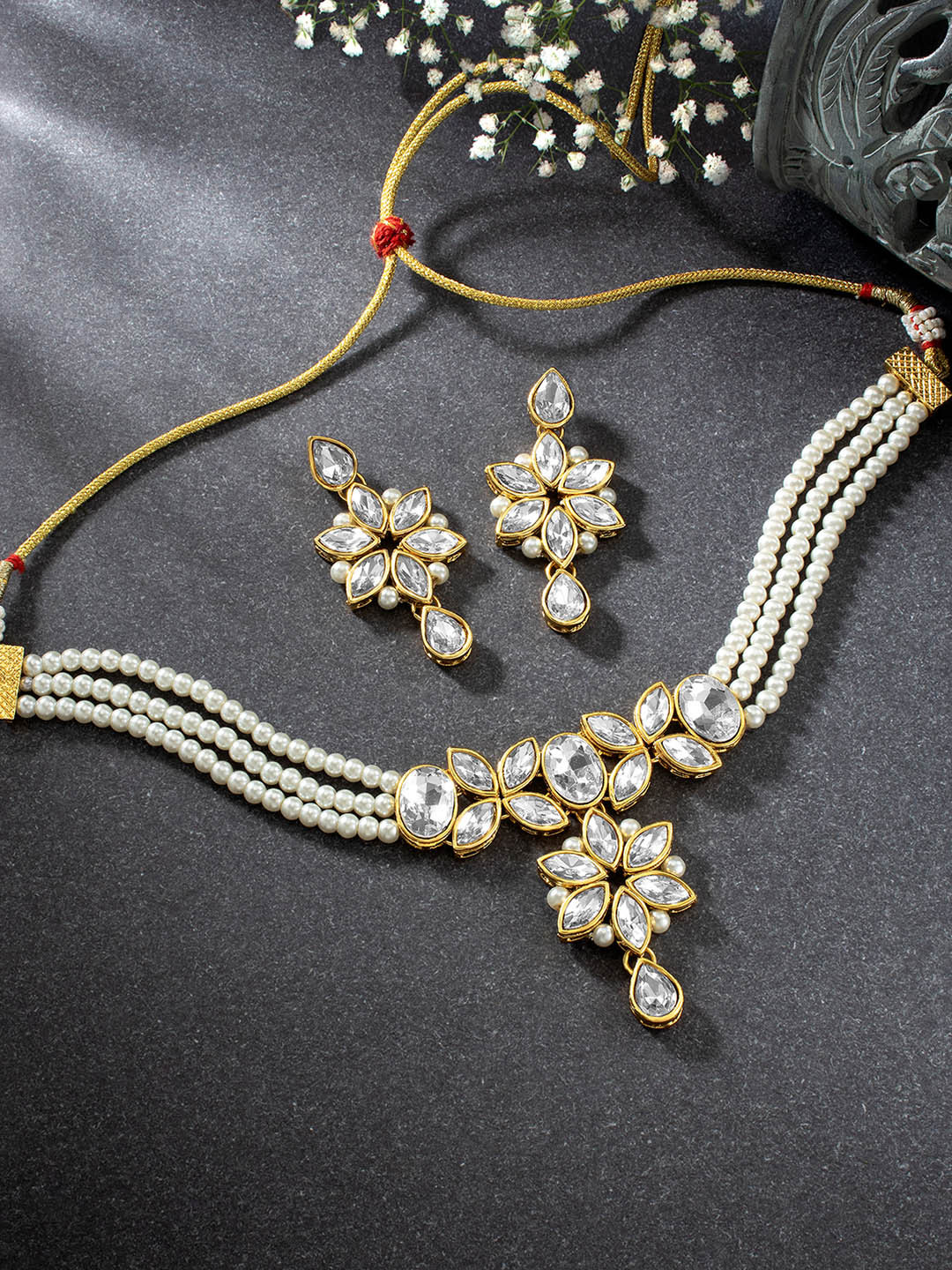 

Peora Women White & Gold-Plated Traditional Crystal Jewellery Set