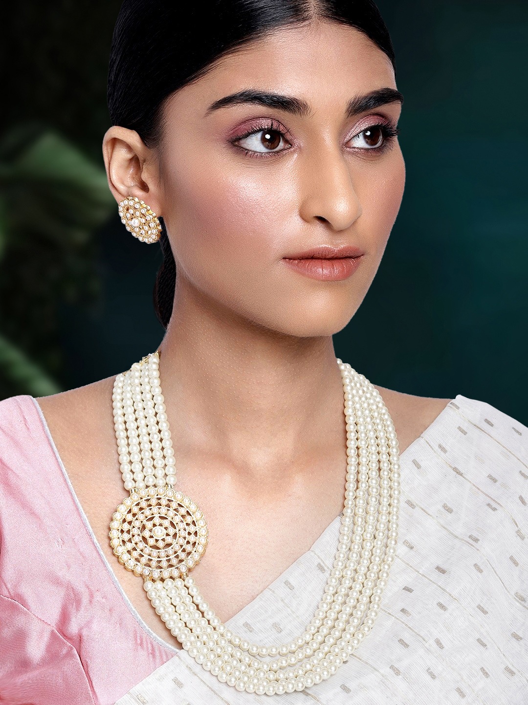 

Peora Women White Gold-Plated Pearl 5 Layered Traditional Jewellery Set