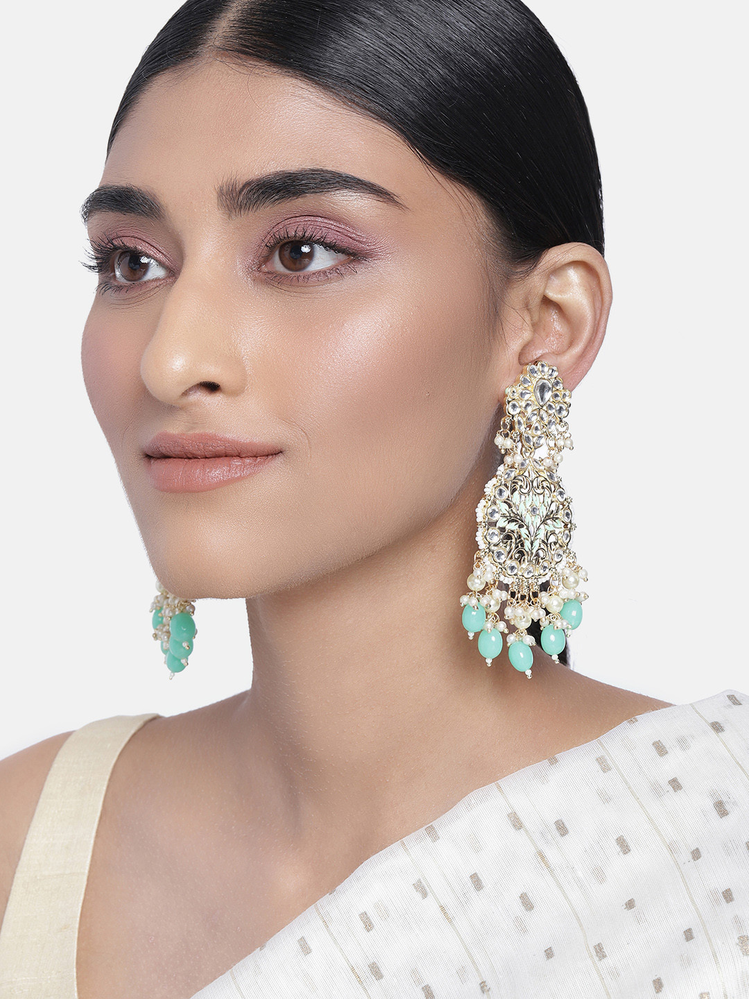 

Peora Women Sea Green & White Crescent Shaped Drop Earrings