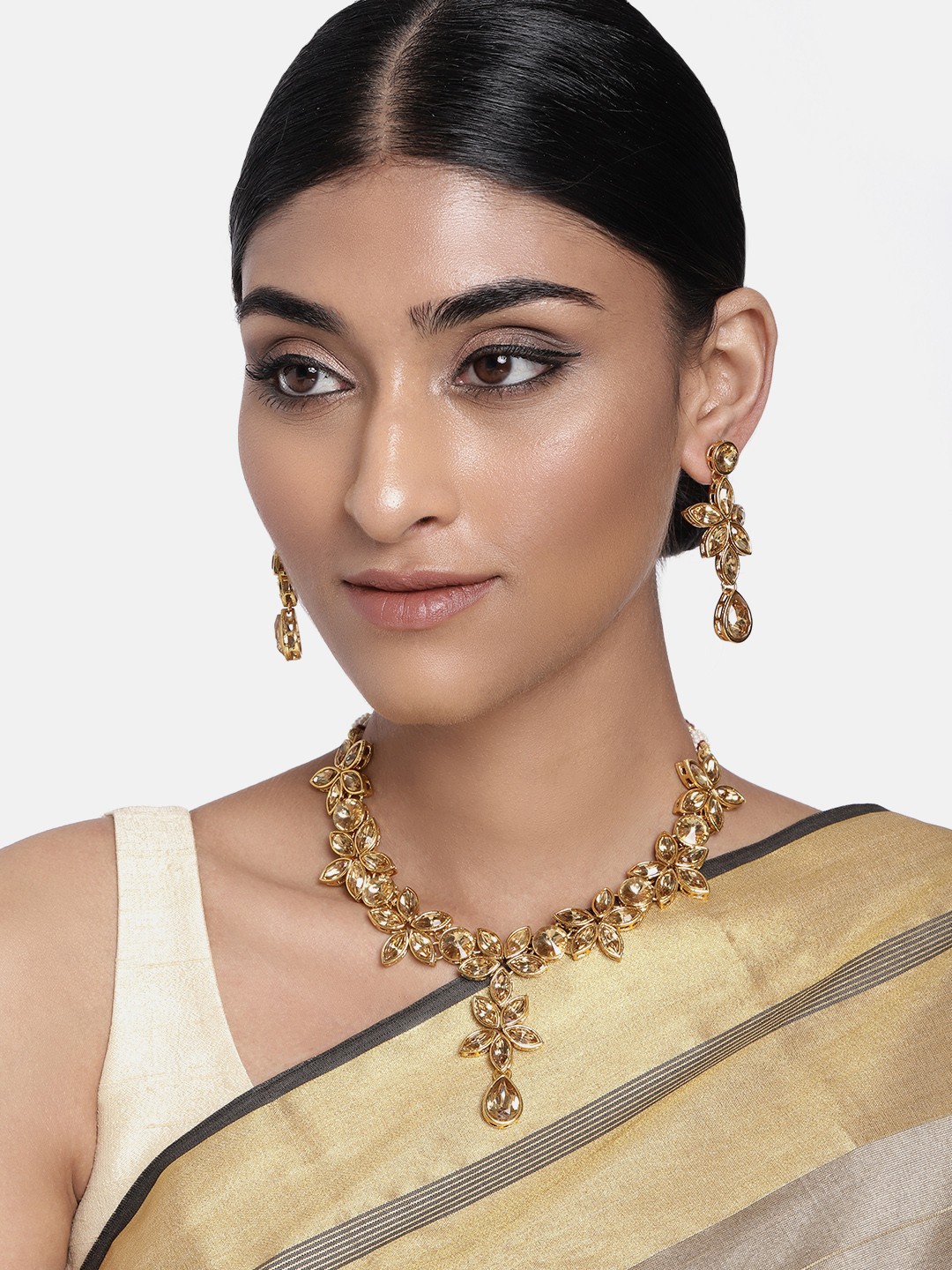 

Peora Traditional Gold Plated Golden Necklace with Earring Jewellery Set