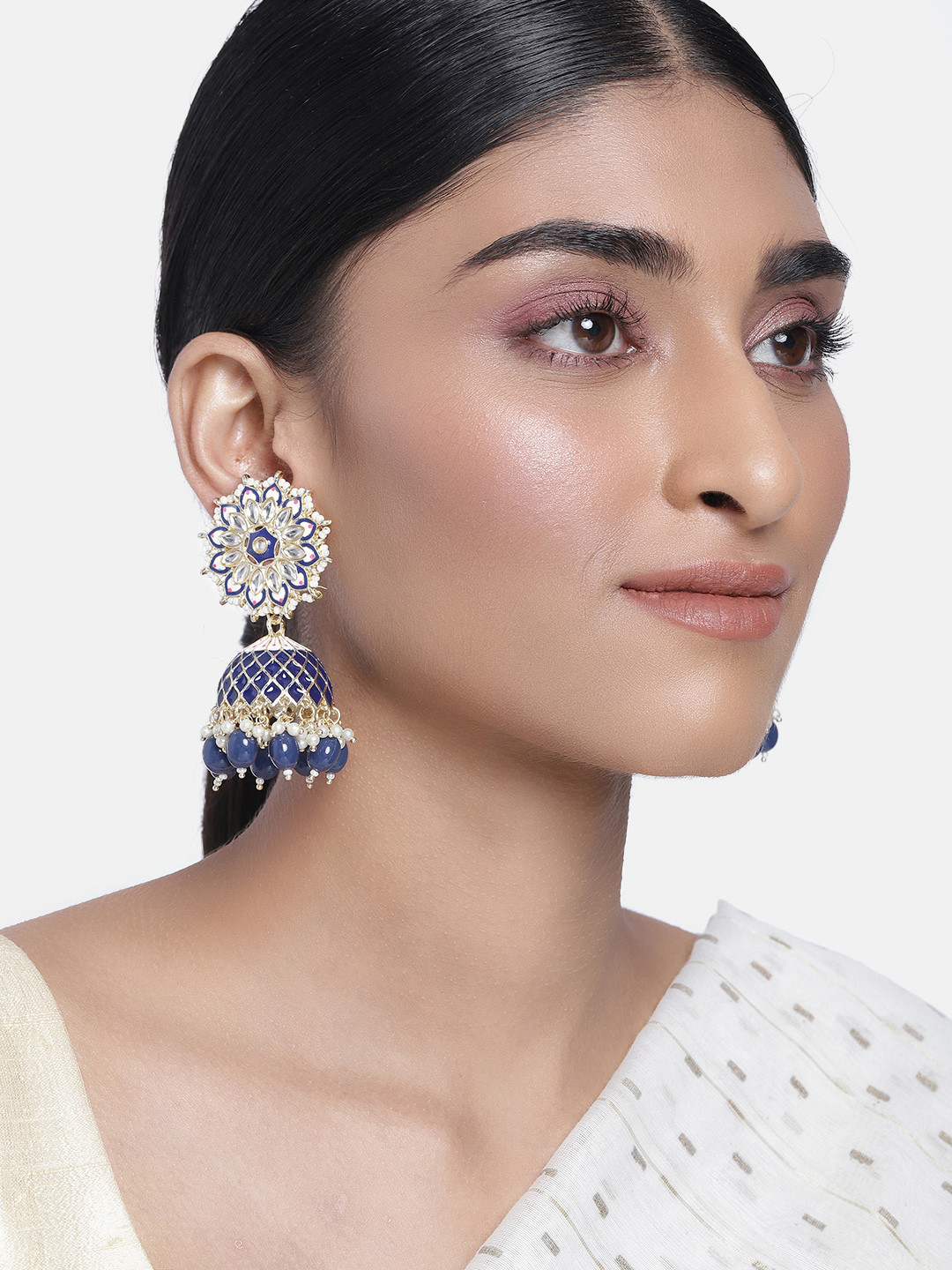 

Peora Women Blue & White Dome Shaped Jhumkas Earrings