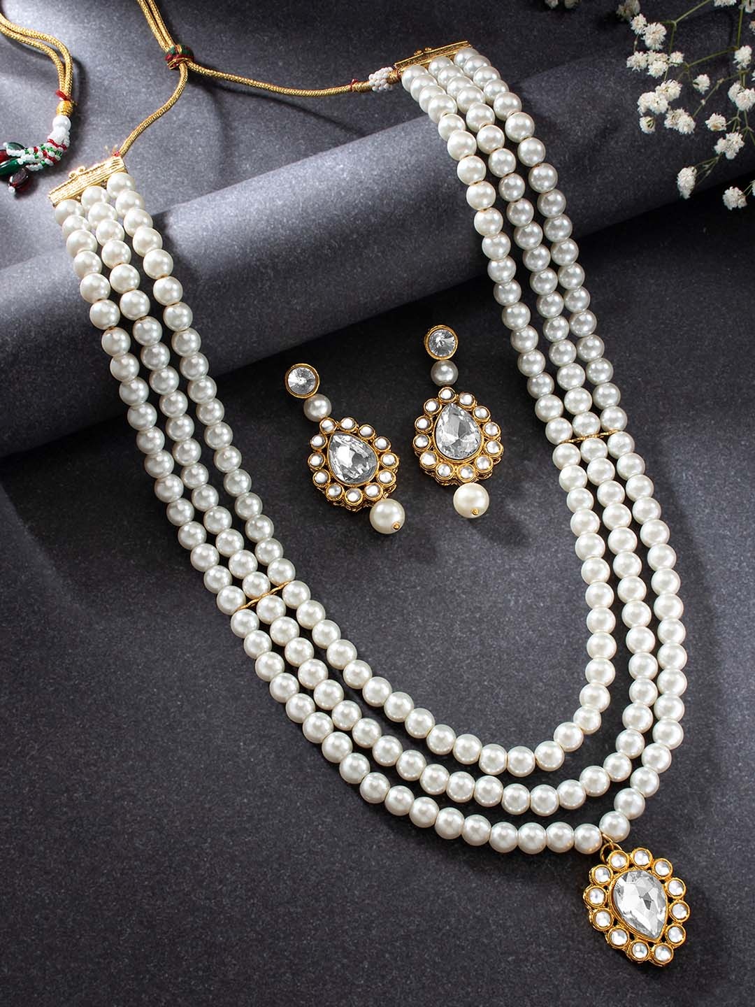 

Peora Women White & Gold-Plated Traditional Pearl Jewellery Set