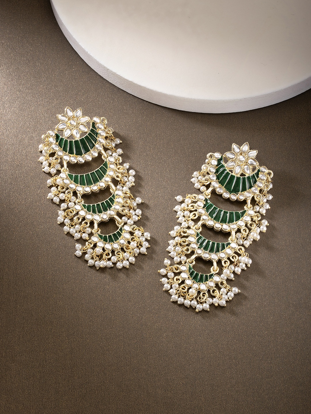 

Peora Women Green & White Crescent Shaped Drop Earrings