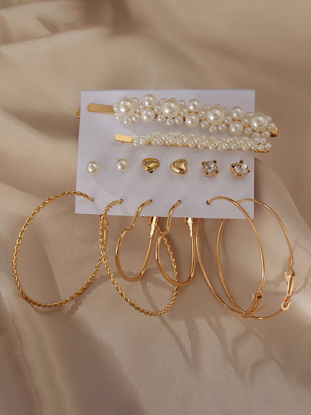 

Peora Gold-Toned Set of 6 Hoop & Studs Earrings & 2 Pearl Studded Hair Pins Combo