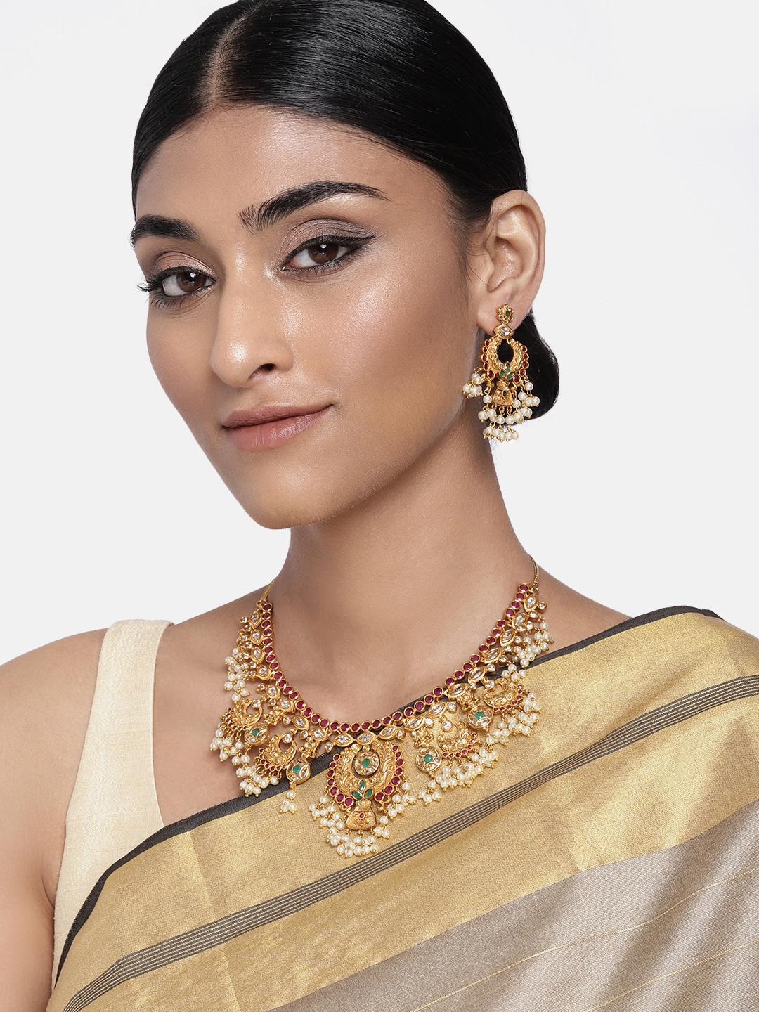 

Peora Women White Gold-Plated Matte Finished Peacock Design Jewellery Set