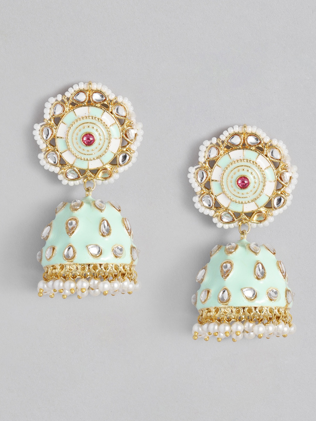 

Peora Women Sea Green & Gold-Toned Dome Shaped Jhumkas Earrings