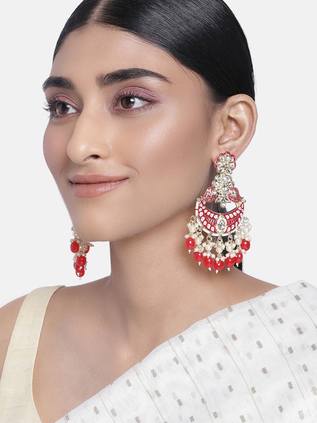 

Peora Women Red & White Gold-Plated Crescent Shaped Chandbalis Earrings