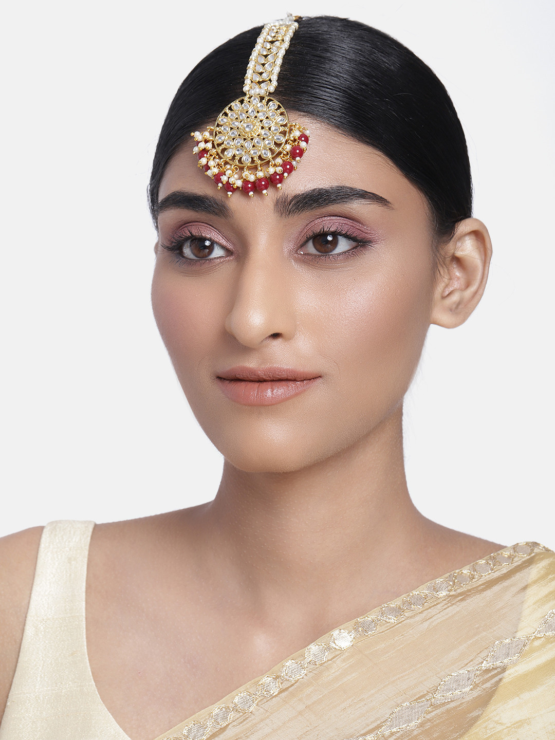 

Peora Gold-Plated &Maroon Kundan-Studded Pearl-Beaded Maang Tika