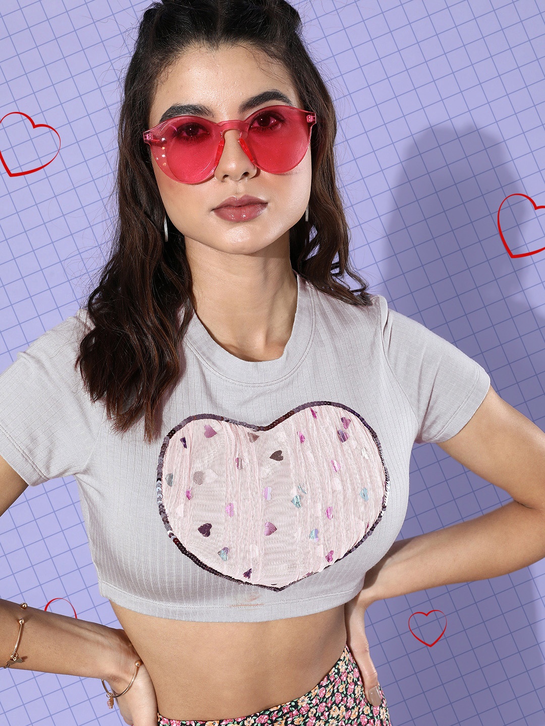 

KASSUALLY Women Grey Striped Valentine Tee