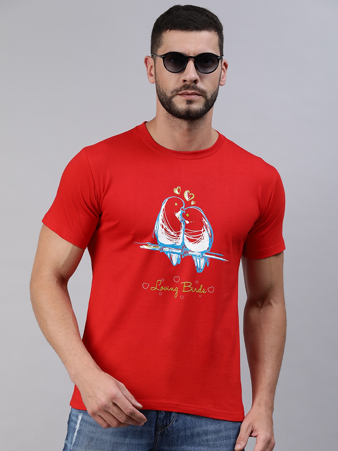 

BRATMA Men Red & Blue Conversational Printed Pure Cotton T-shirt