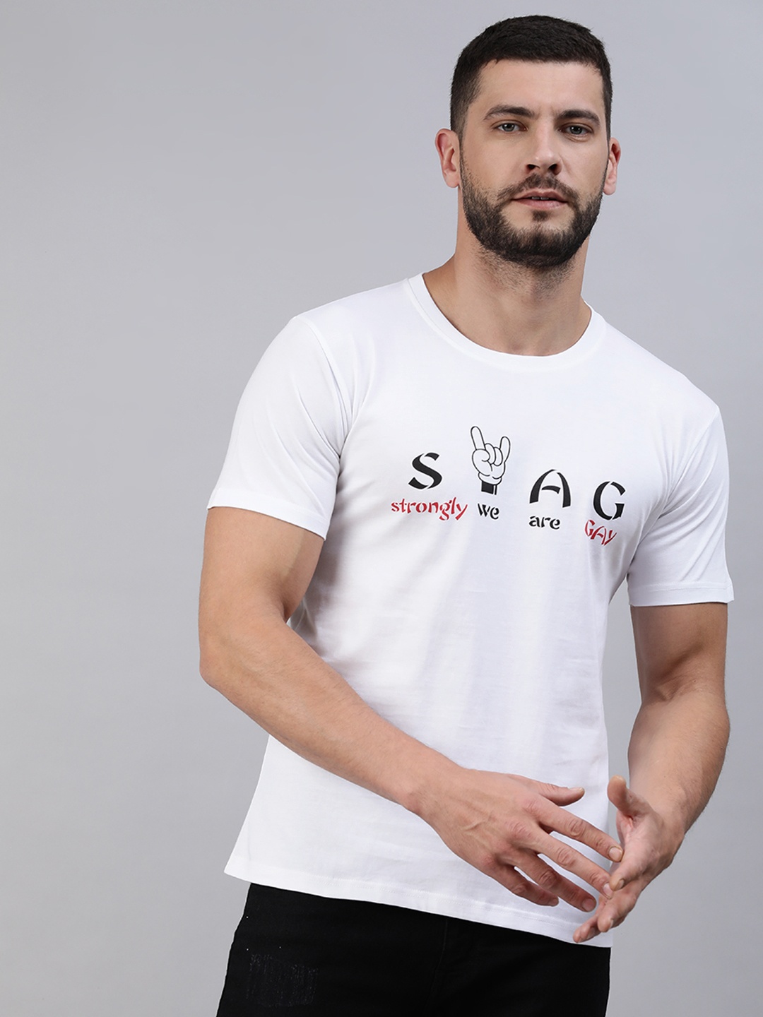 BRATMA Men White & Black Typography Printed Pure Cotton T-shirt