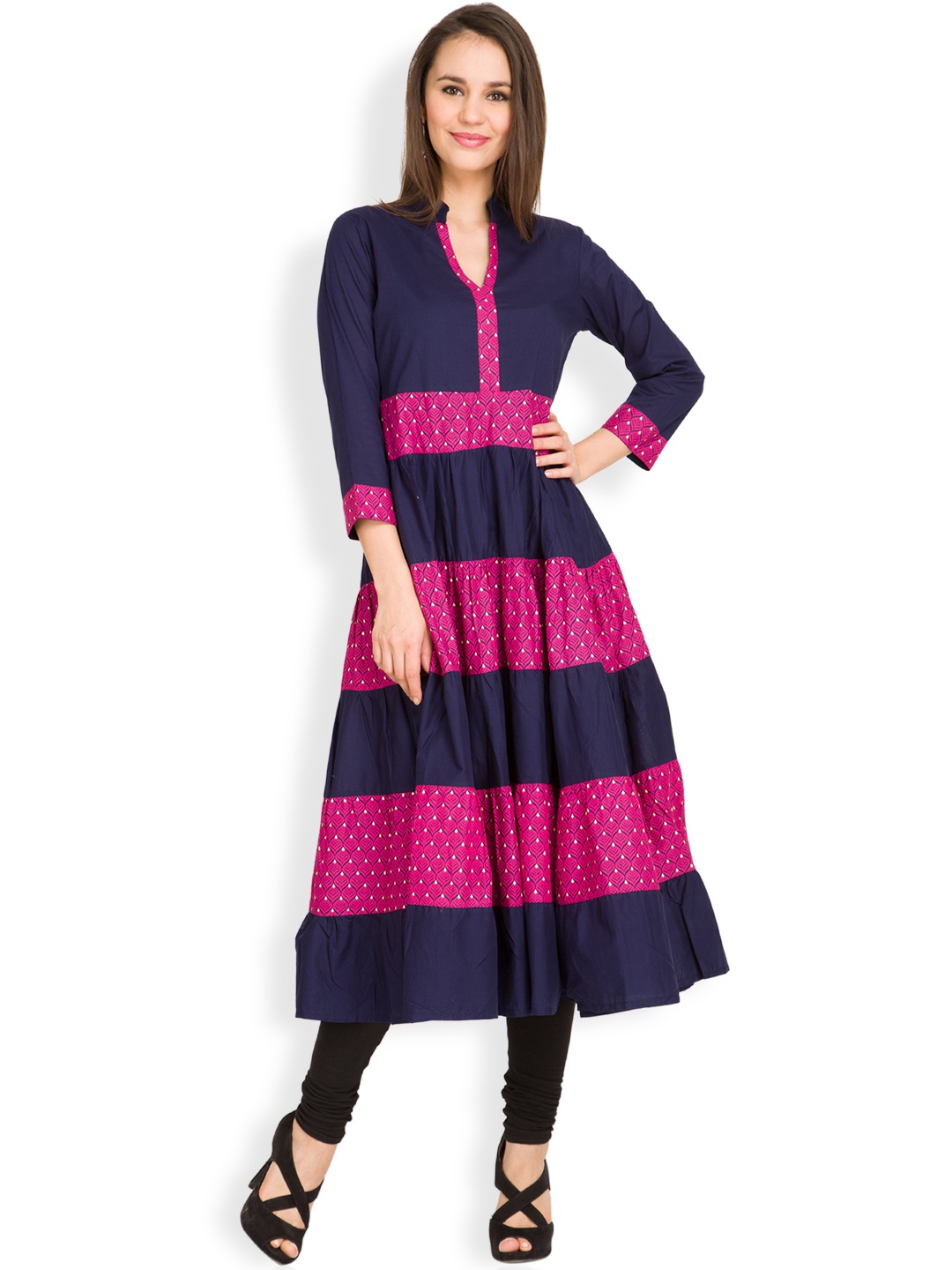 

Vishudh Women Navy & Pink Printed Tiered Anarkali Kurta, Navy blue