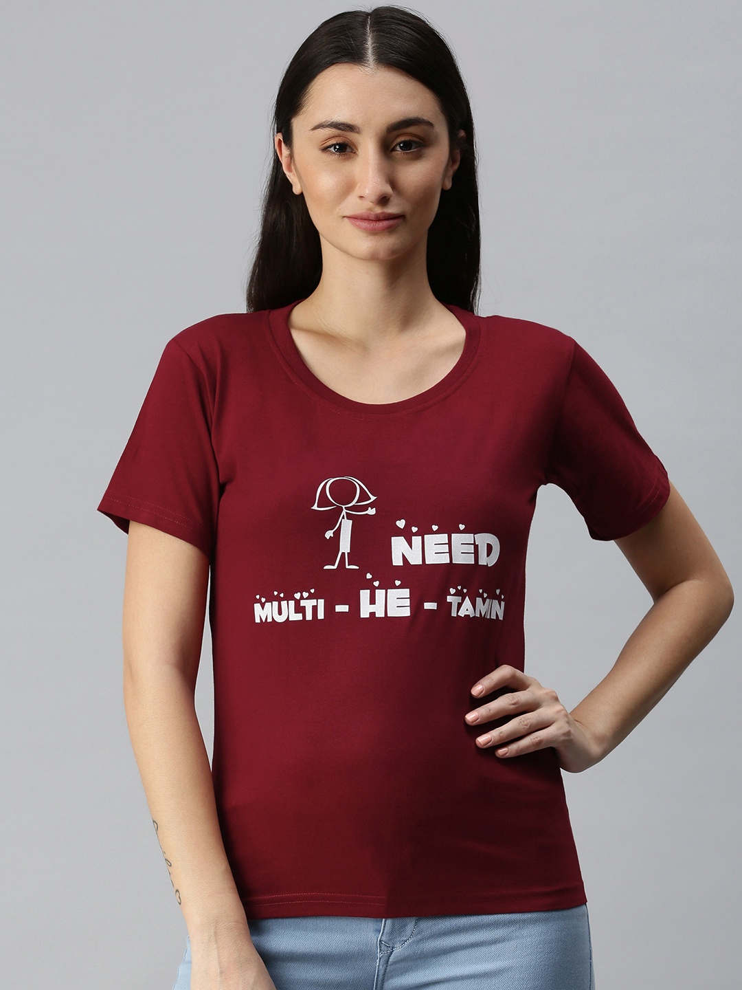 

BRATMA Women Maroon & White Typography Printed Pure Cotton T-shirt