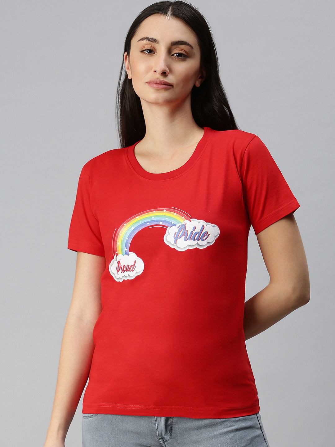 

BRATMA Women Red & Blue Typography Printed T-shirt