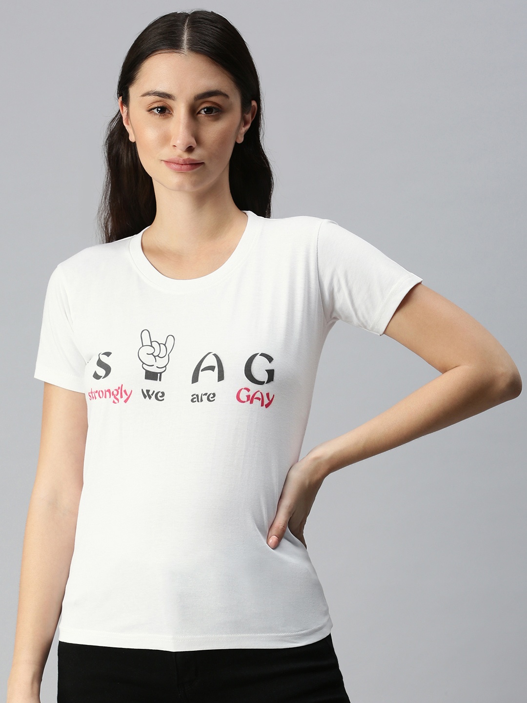 BRATMA Women White & Black Typography Printed Pure Cotton T-shirt