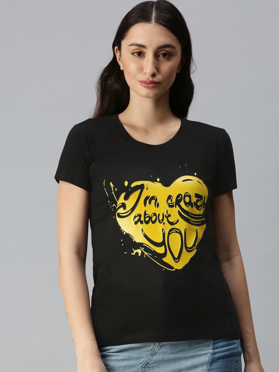 

BRATMA Women Black & Yellow Typography Printed Pure Cotton T-shirt