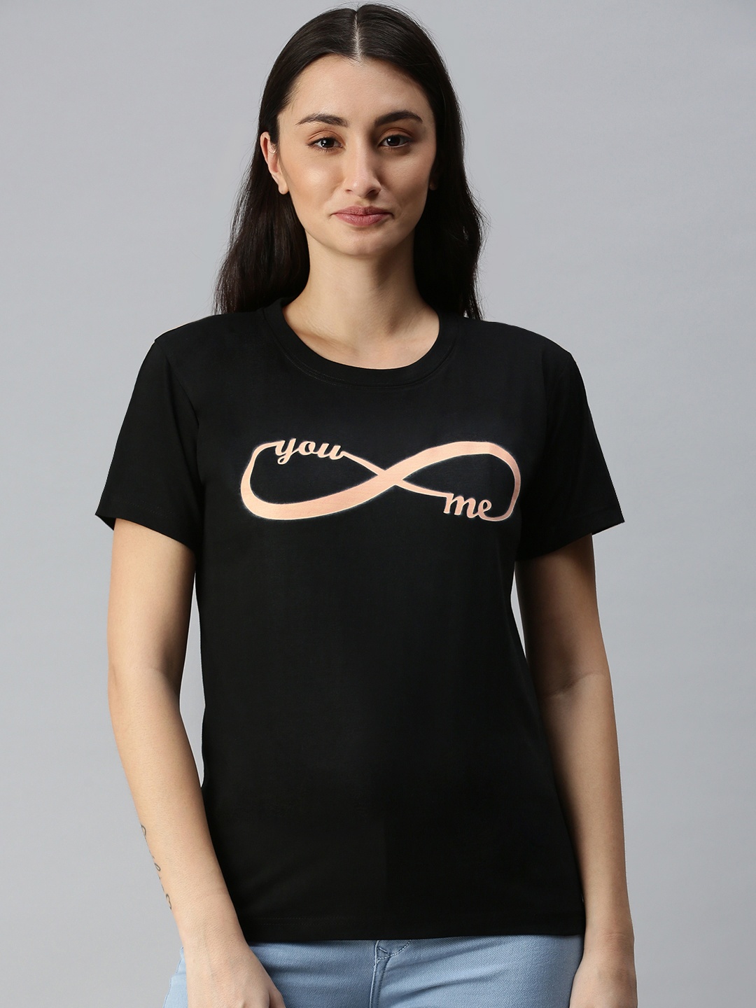 

BRATMA Women Black & Peach-Coloured Typography Printed T-shirt