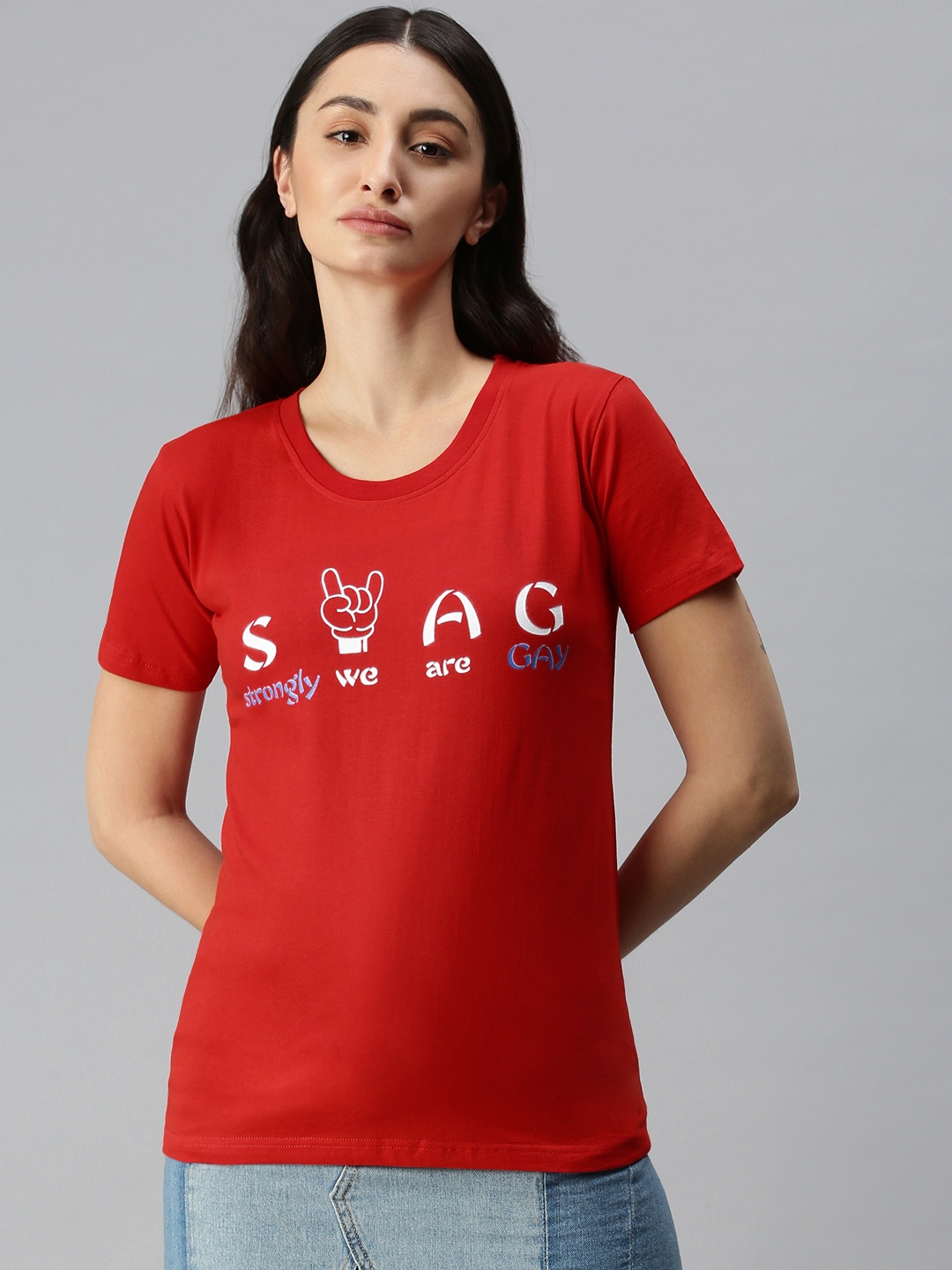 BRATMA Women Red & White Typography Printed Pure Cotton T-shirt