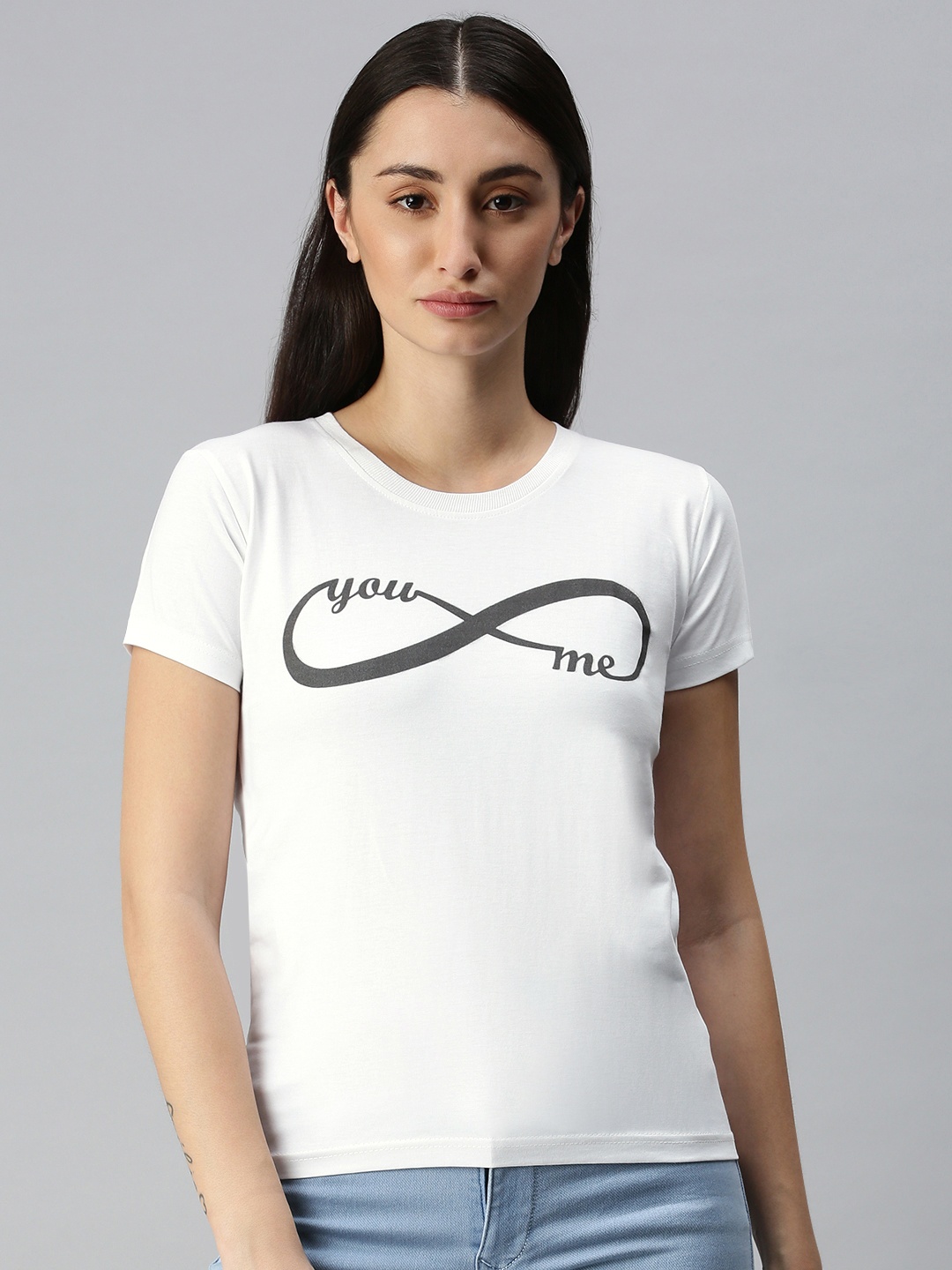 

BRATMA Women White & Black Conversational Printed Pure Cotton T-shirt