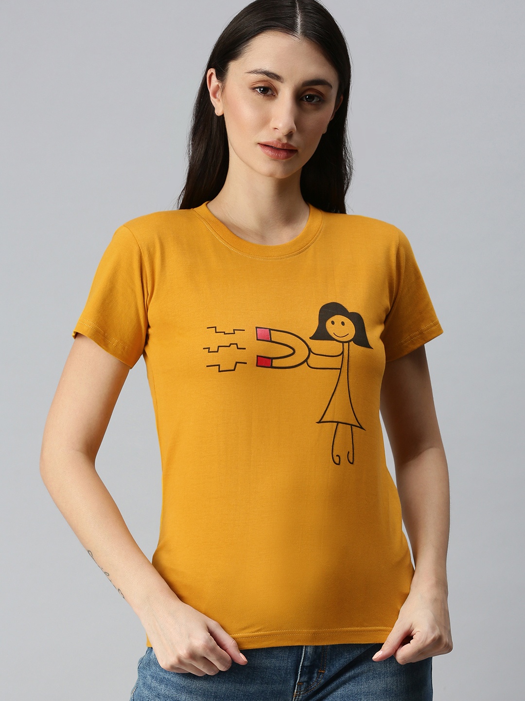 

BRATMA Women Mustard Yellow & Black Printed T-shirt