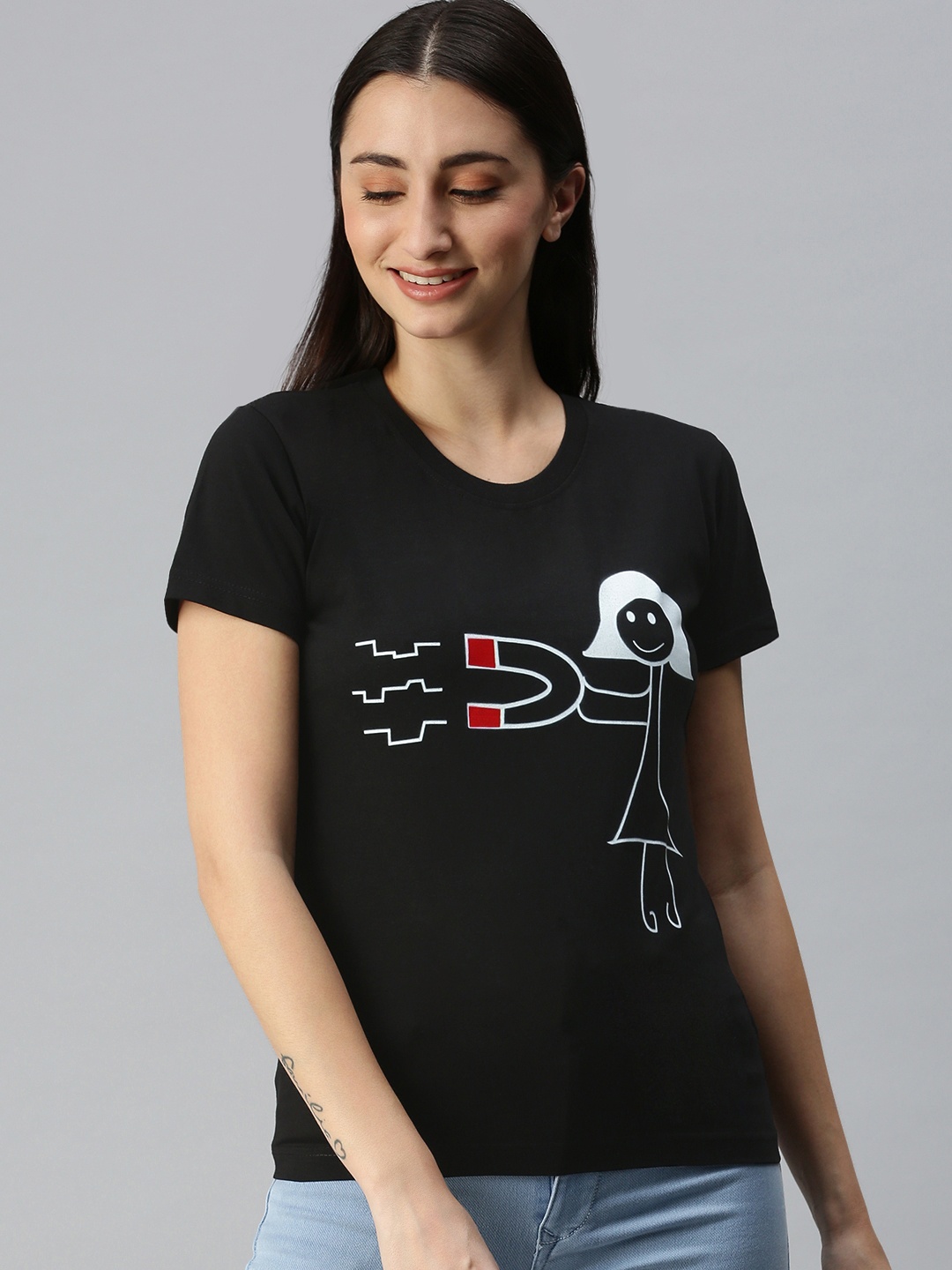 BRATMA Women Black & White Printed T-shirt