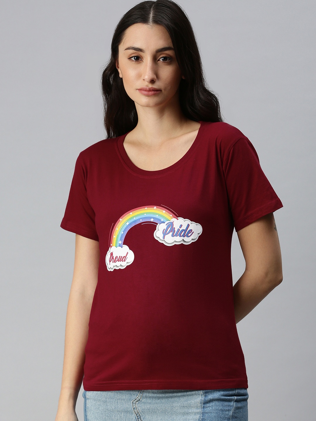 BRATMA Women Maroon & White Typography Printed Pure Cotton T-shirt