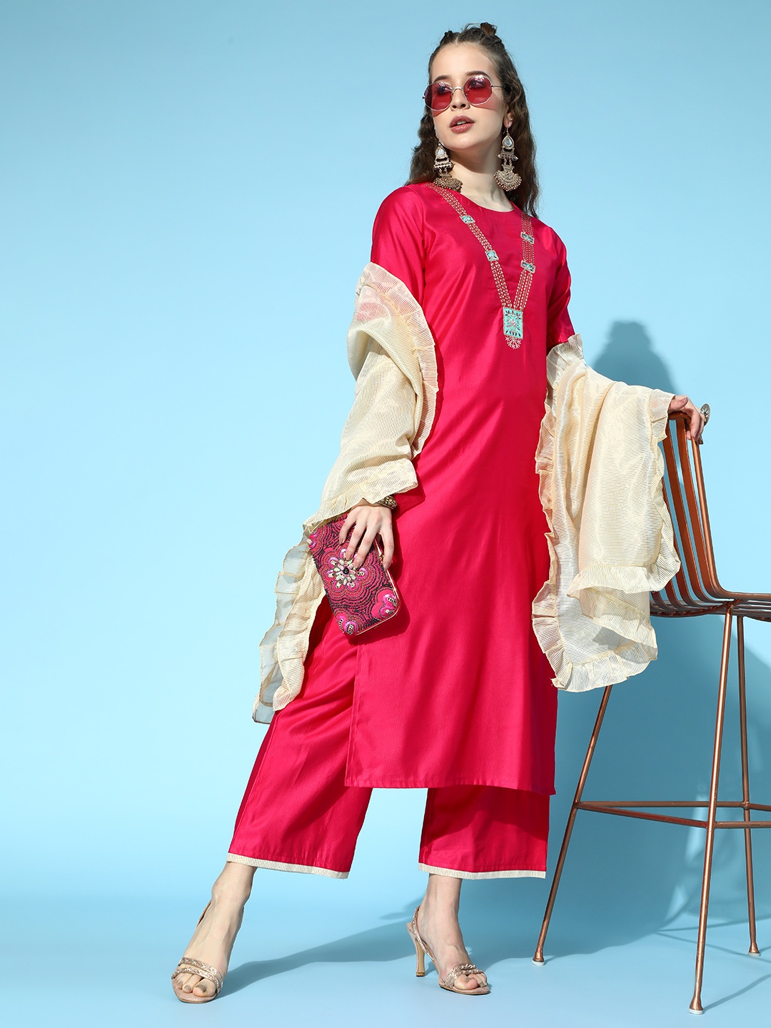 

Indo Era Women Pink Yoke Design Liva Kurta with Palazzos & Dupatta