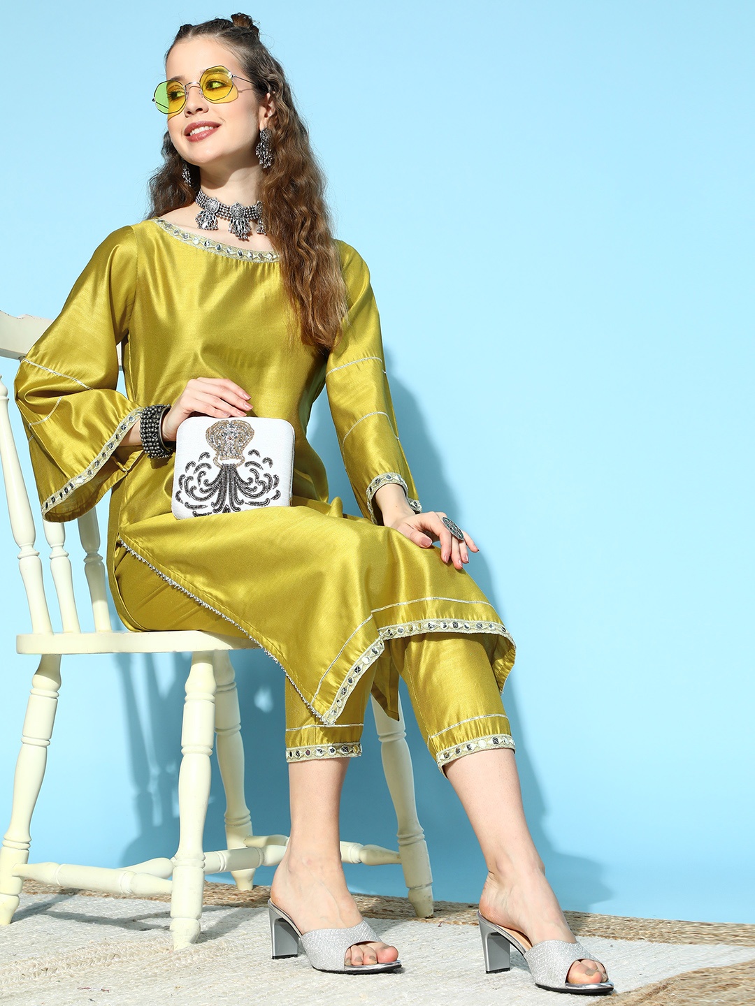 

Indo Era Women Olive Green Gotta Patti Liva Kurta with Trousers