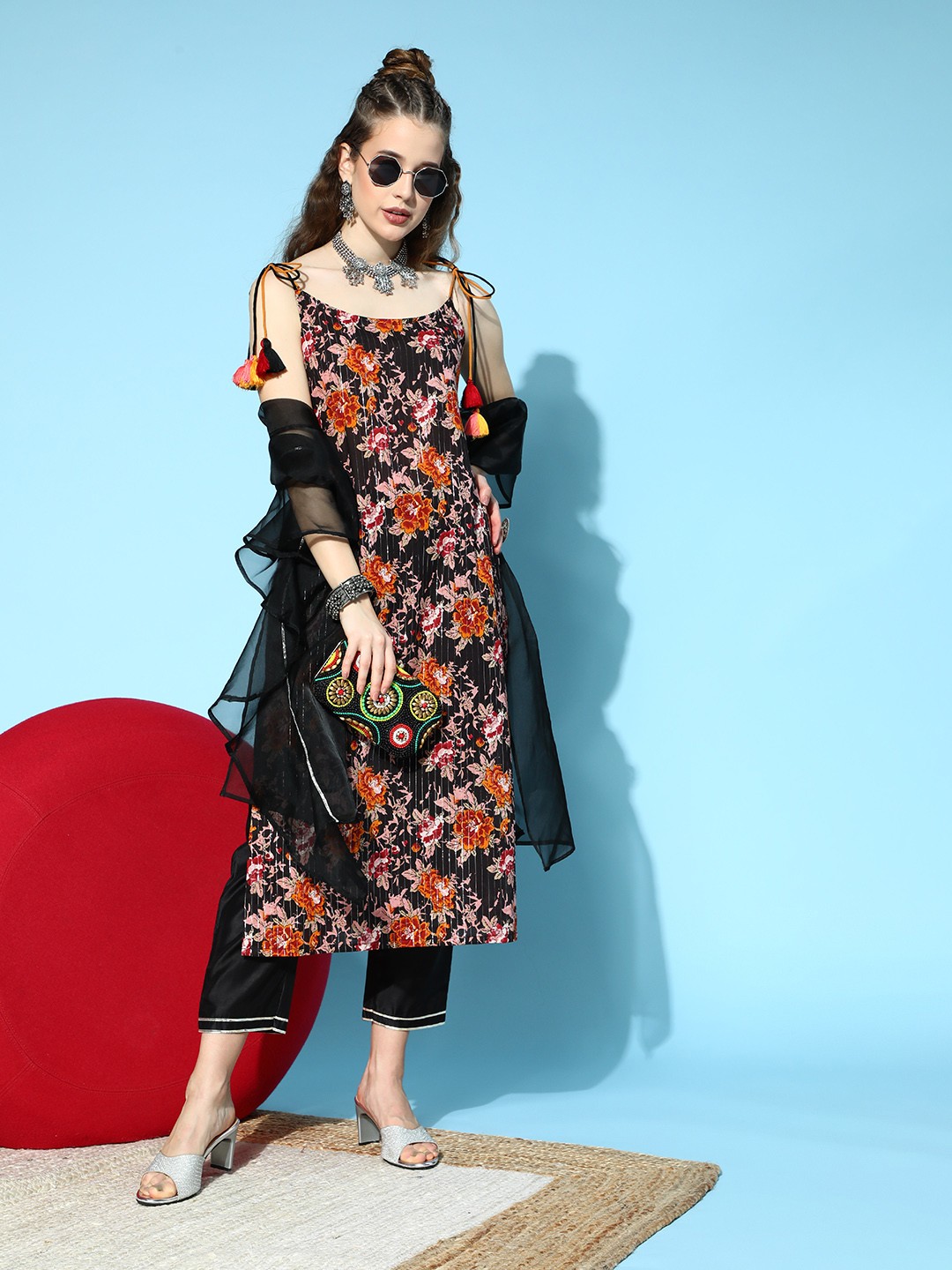 

Indo Era Women Black Floral Printed Kurta with Sharara & Dupatta