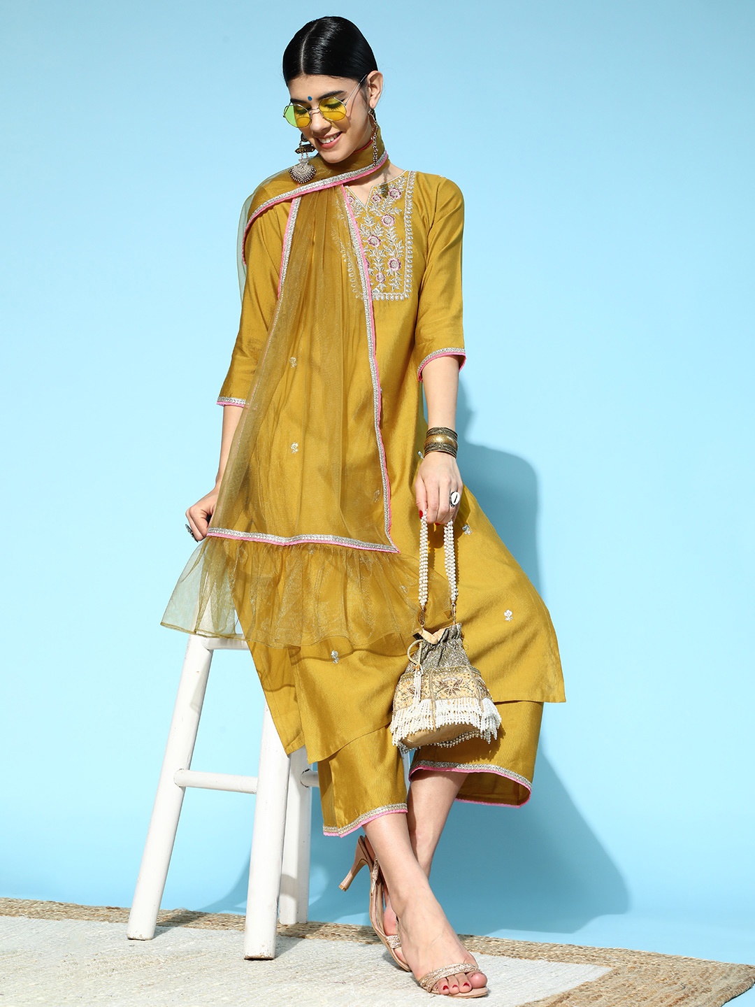 

Indo Era Women Floral Net All in the Details Kurta Set, Mustard