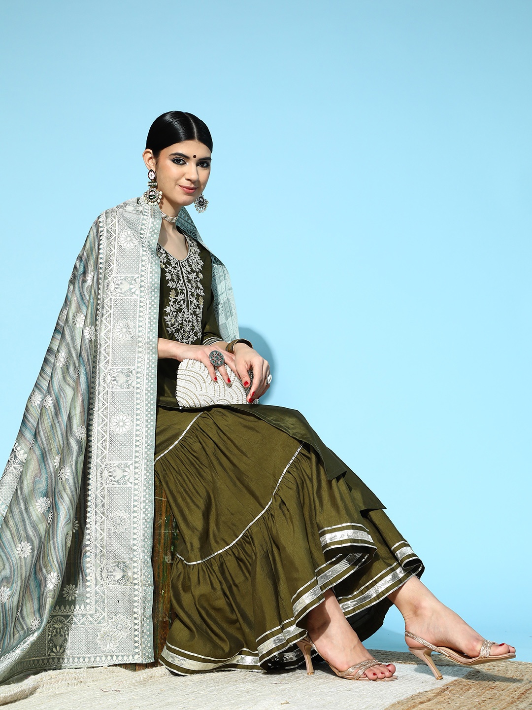 

Indo Era Women Olive Green Yoke Design Thread Work Liva Kurta with Palazzos & Dupatta