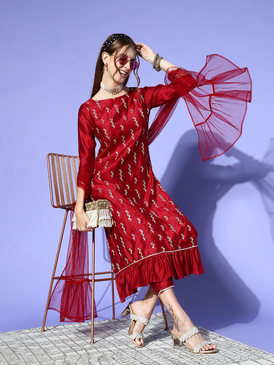 

Indo Era Ethnic Motifs Raw Silk Feminine Frills Kurta Set, Red