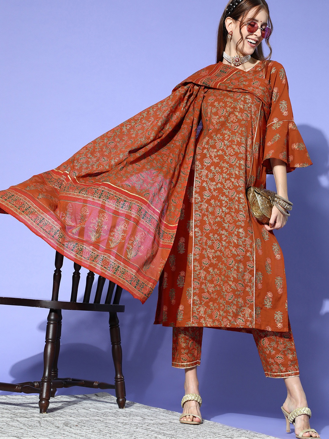 

Indo Era Ethnic Motifs Cotton Blend Feminine Frills Kurta Set, Rust
