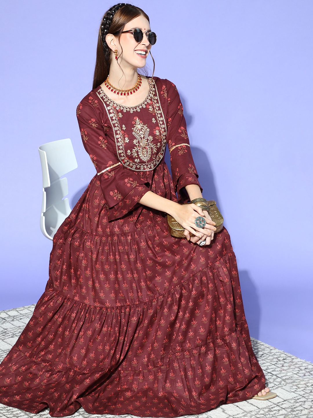 

Indo Era Women Charming Maroon Floral Swirling Volume Dress