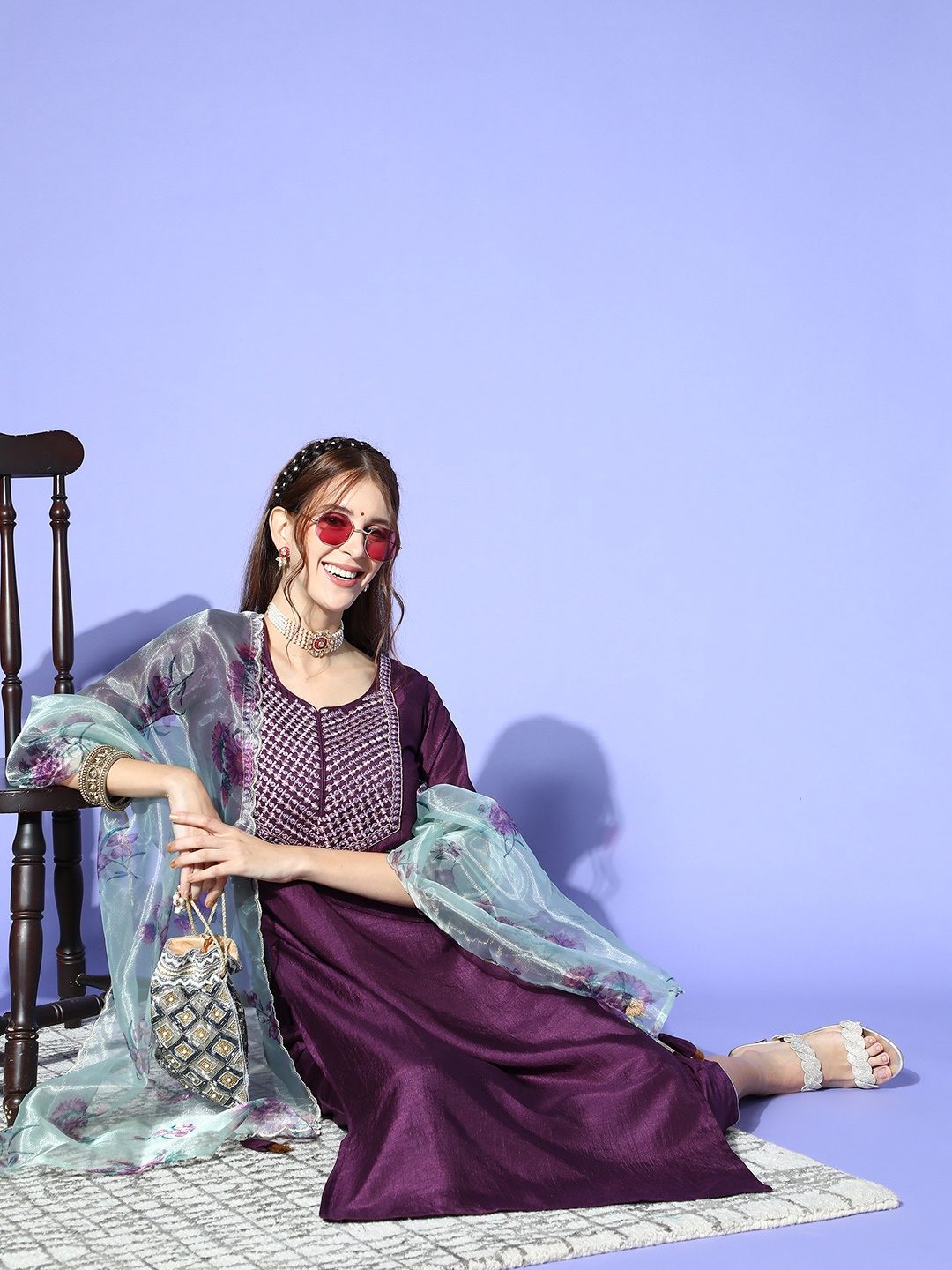 

Indo Era Ethnic Motifs Liva Scalloped Edge Kurta Set, Purple