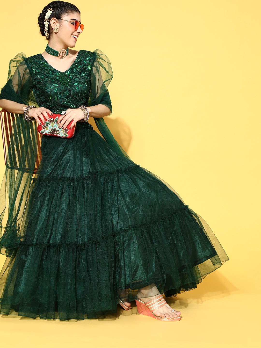 

RedRound Women Green Sequinned Semi-Stitched Lehenga & Unstitched Blouse With Dupatta