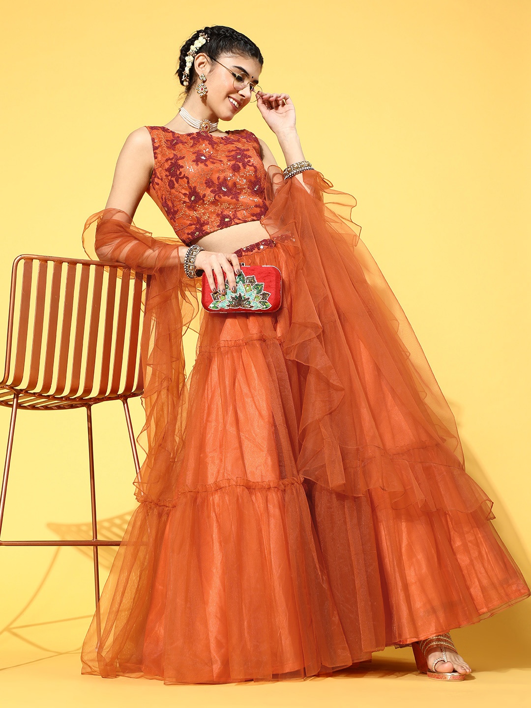 

RedRound Orange Embroidered Sequinned Semi-Stitched Lehenga & Unstitched Blouse With Dupatta