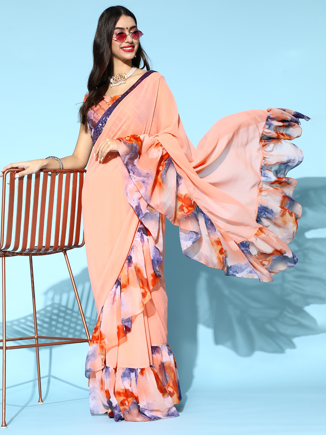 

RedRound Solid Saree with Printed Border, Coral